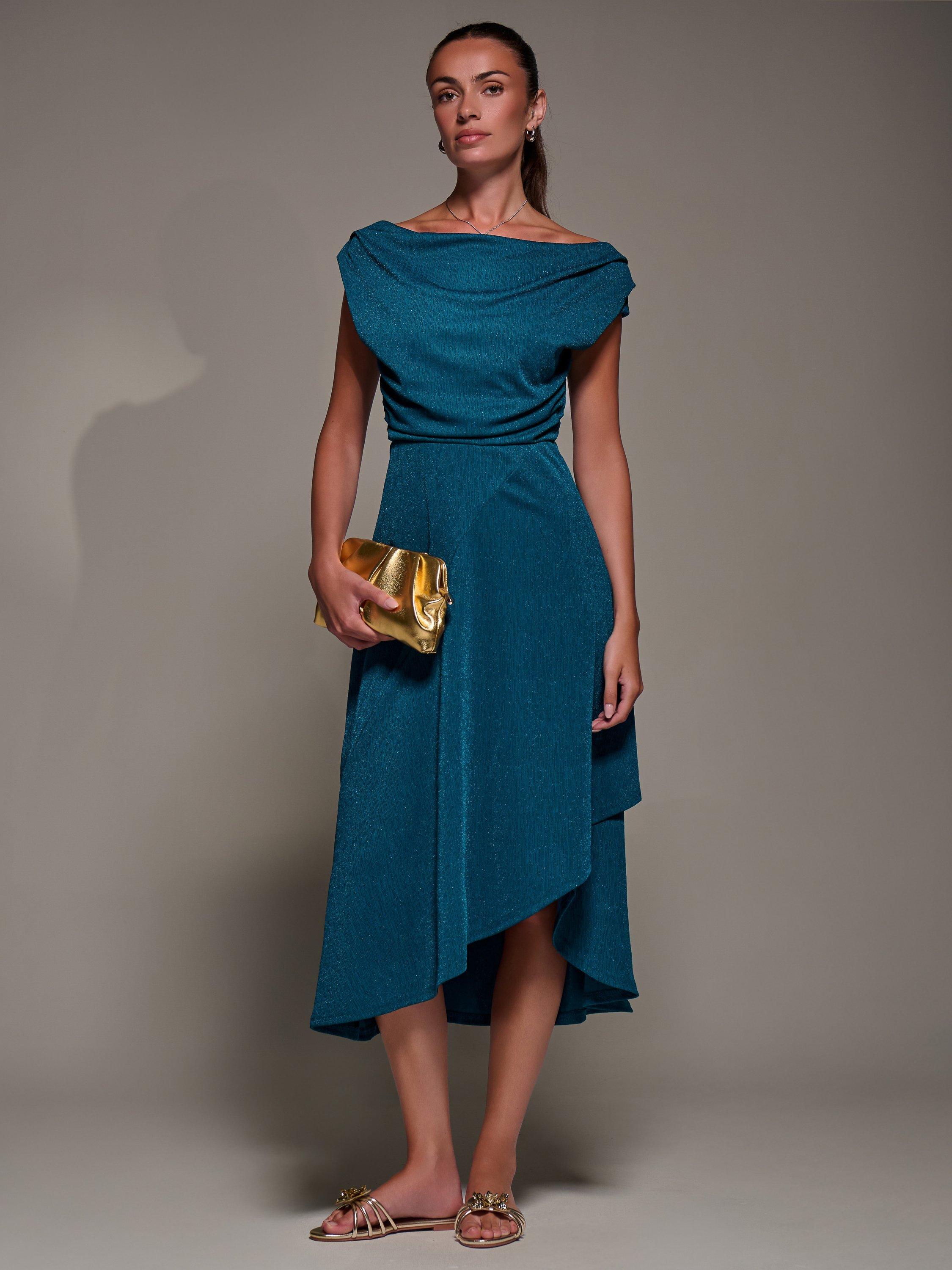 Product image 5 of 7, which shows Jolie Moi Draped Cowl Neck Midi Dress, Teal Blue, 8