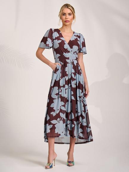 Jolie Moi Floral Mesh Midi Dress, Brown/Pale Blue, Brown/Pale Blue