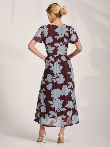 Jolie Moi Floral Mesh Midi Dress, Brown/Pale Blue - view 2, Brown/Pale Blue