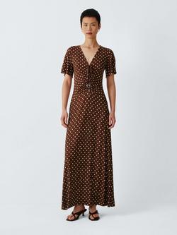 Marella MLSTECA V-Neck Short Sleeve Polka Dot Maxi Dress, Brown/White, Brown/White