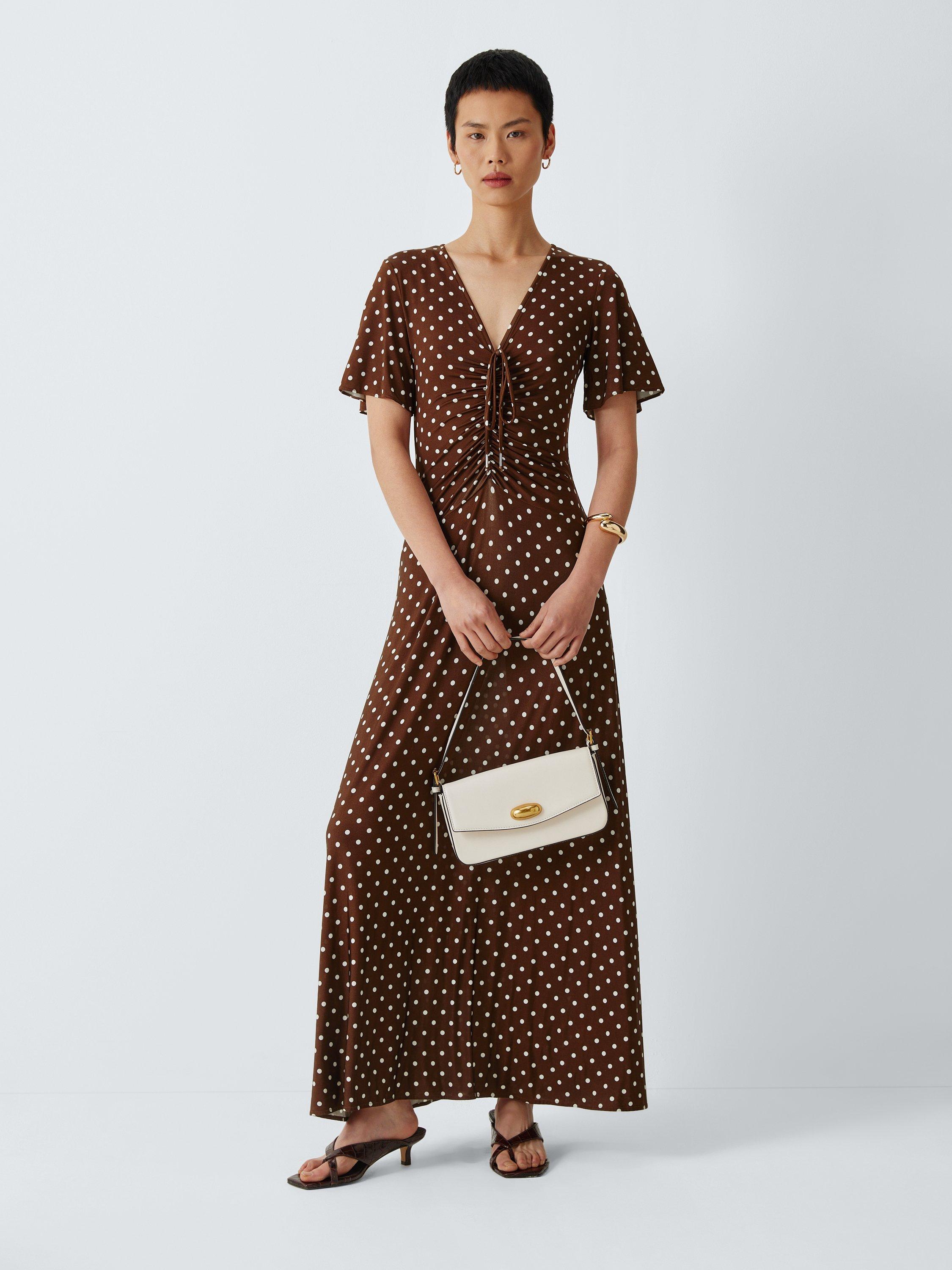 Marella Teca V-Neck Short Sleeve Polka Dot Maxi Dress, Brown/White