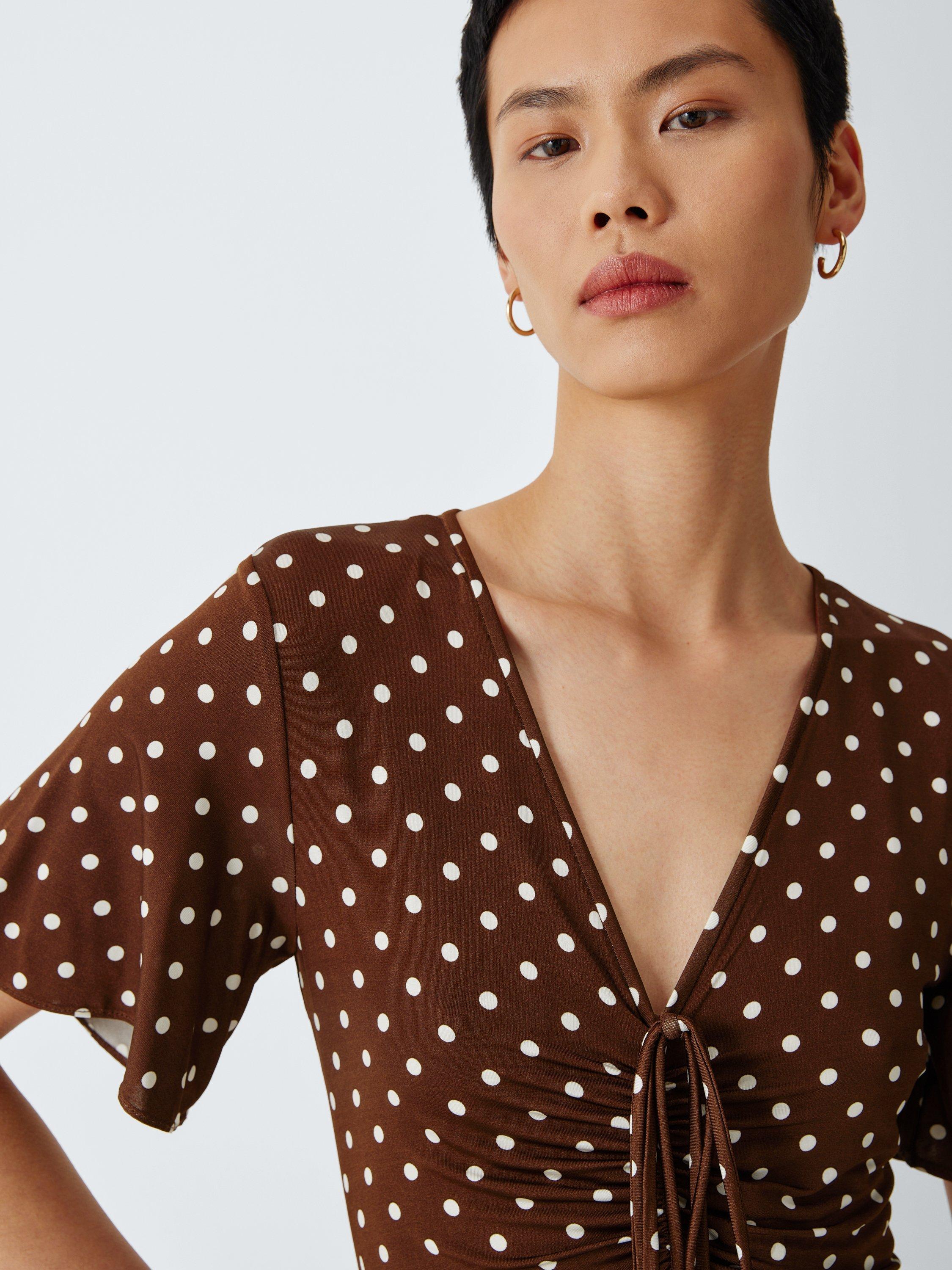 Marella Teca V-Neck Short Sleeve Polka Dot Maxi Dress, Brown/White
