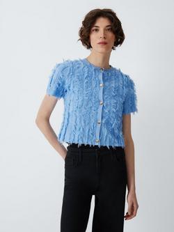 Marella MLSPAGGIO Cotton Short Sleeve Fringe Cardigan, Blue, Blue