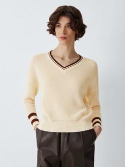 Marella Knitted Cotton V-Neck Contrast Jumper, Cream, Cream