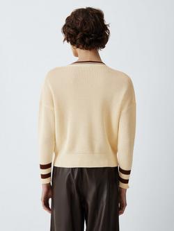 Marella Knitted Cotton V-Neck Contrast Jumper, Cream - view 2, Cream