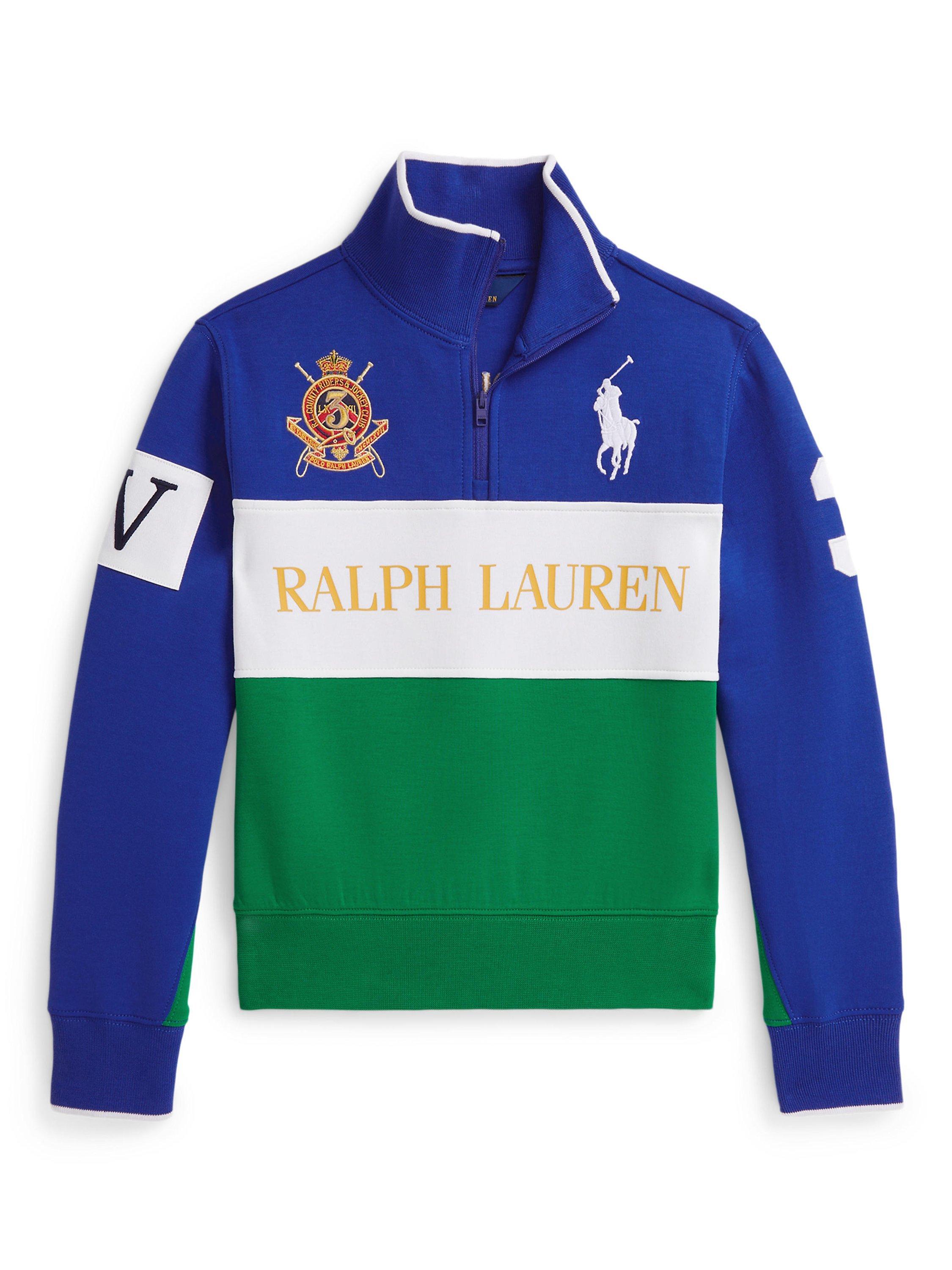 Product image 1 of 2, which shows Ralph Lauren Kids' Cotton Blend Polo Pullover Jumper, Sapphire Multi, S