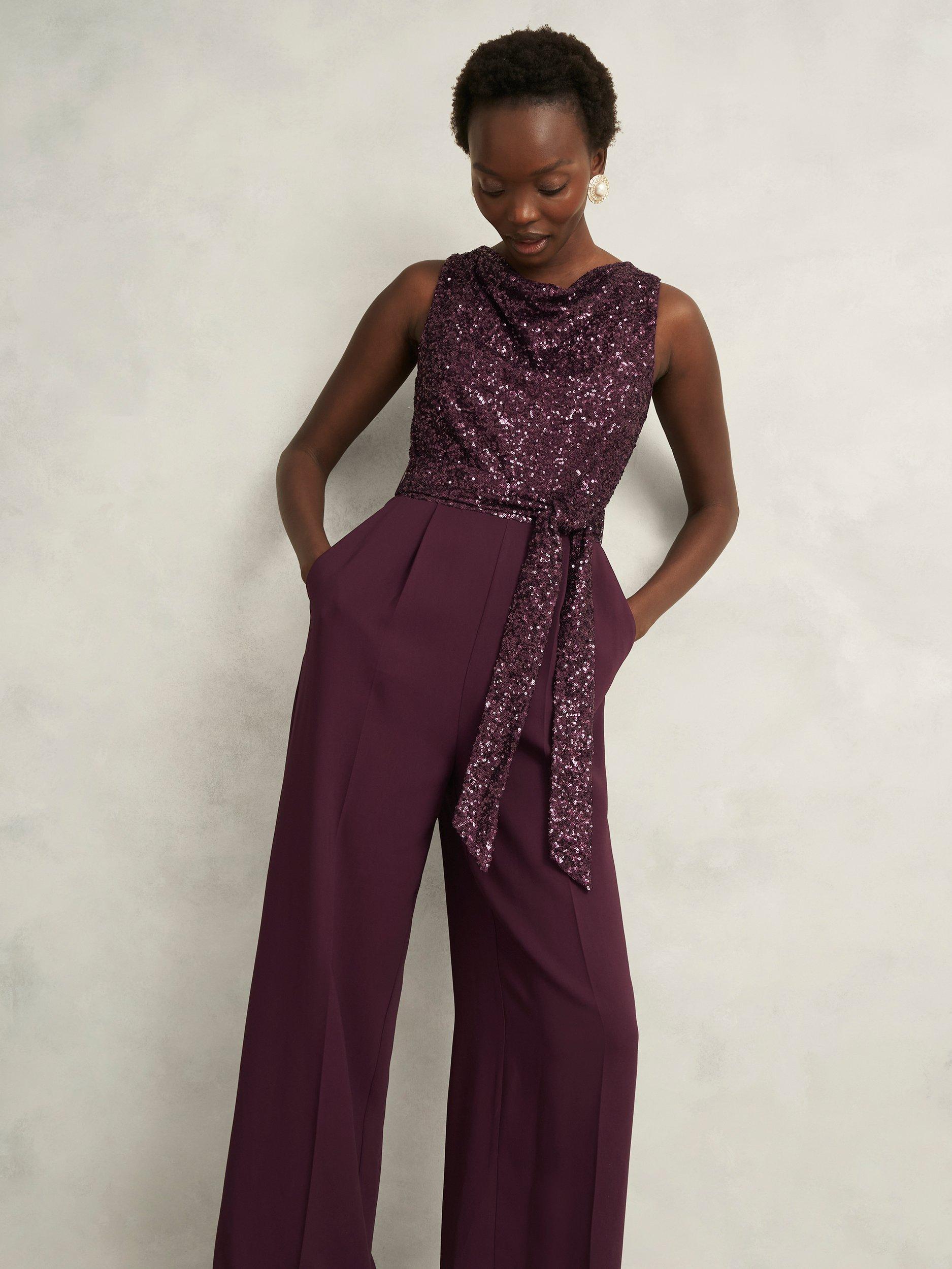 Product image 5 of 7, which shows Hobbs Zuri Sequin Bodice Jumpsuit, Onyx Red, 8
