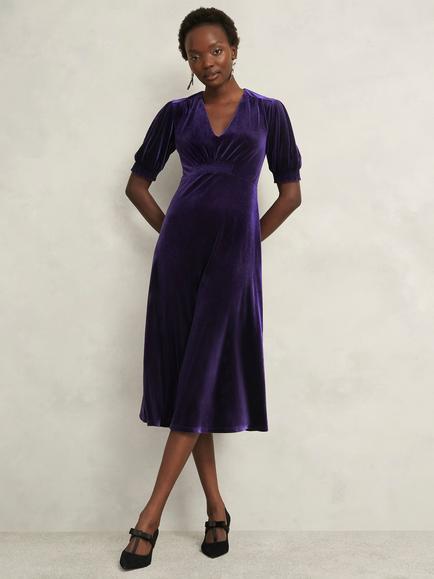 Hobbs Petite Velvet Dormer Dress, Midnight Purple, Midnight Purple
