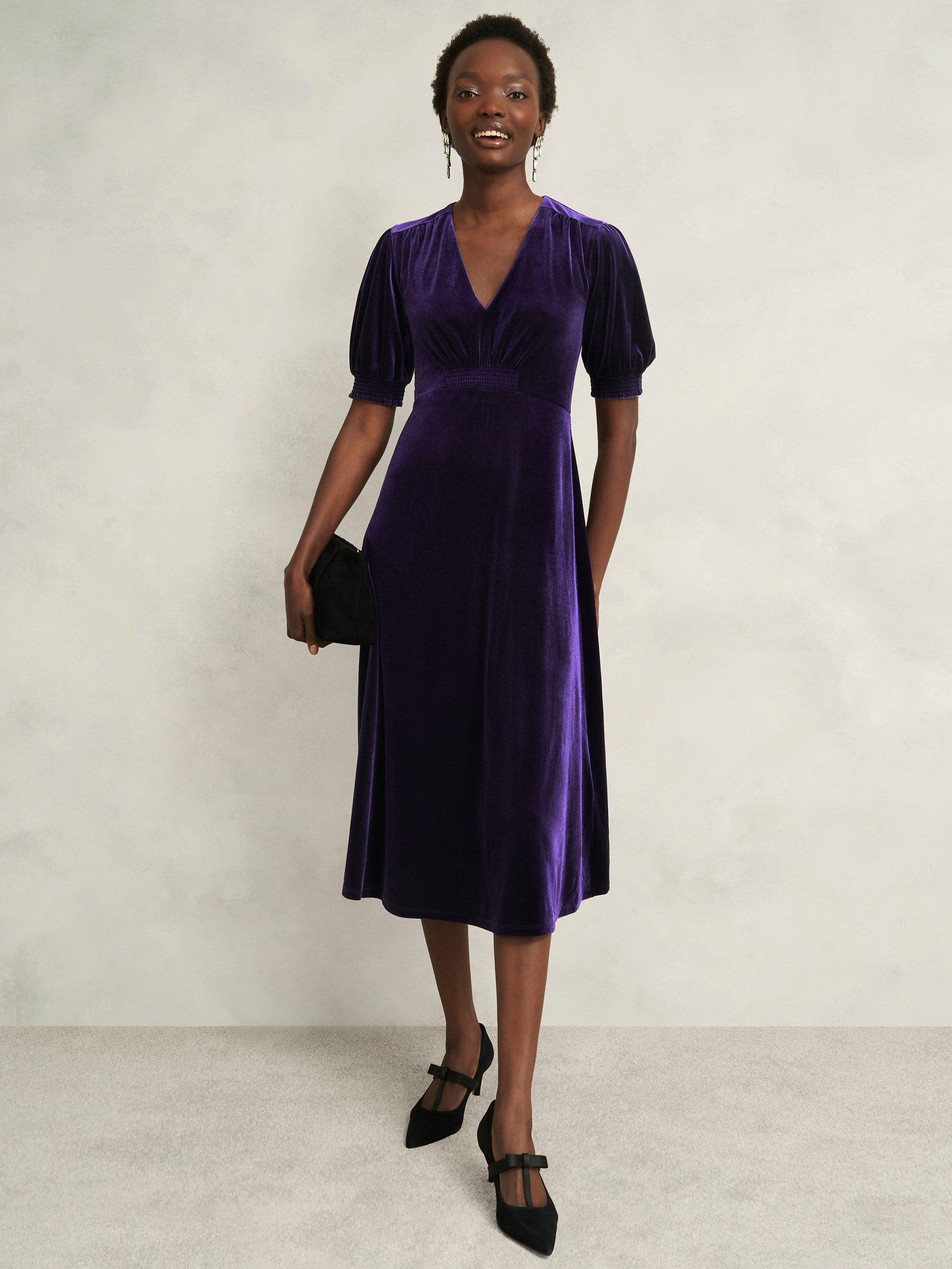 Hobbs Petite Velvet Dormer Dress, Midnight Purple