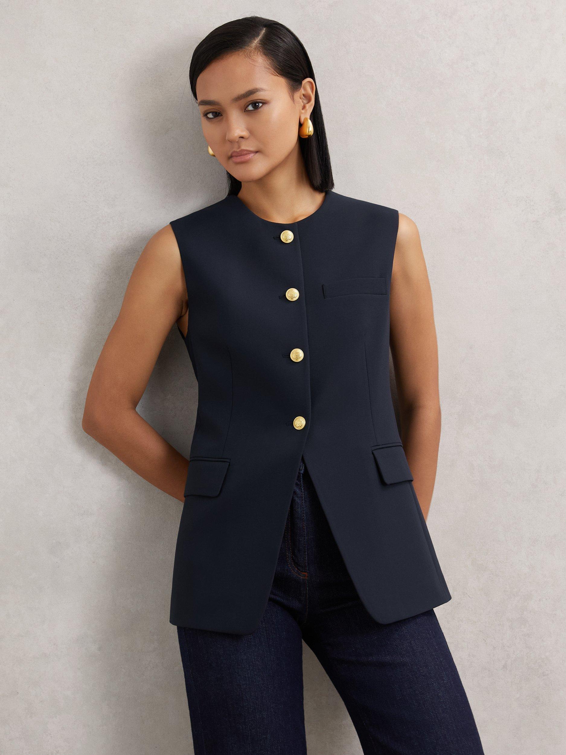 Product image 1 of 5, which shows Reiss Athena Longline Waistcoat, Navy, 6