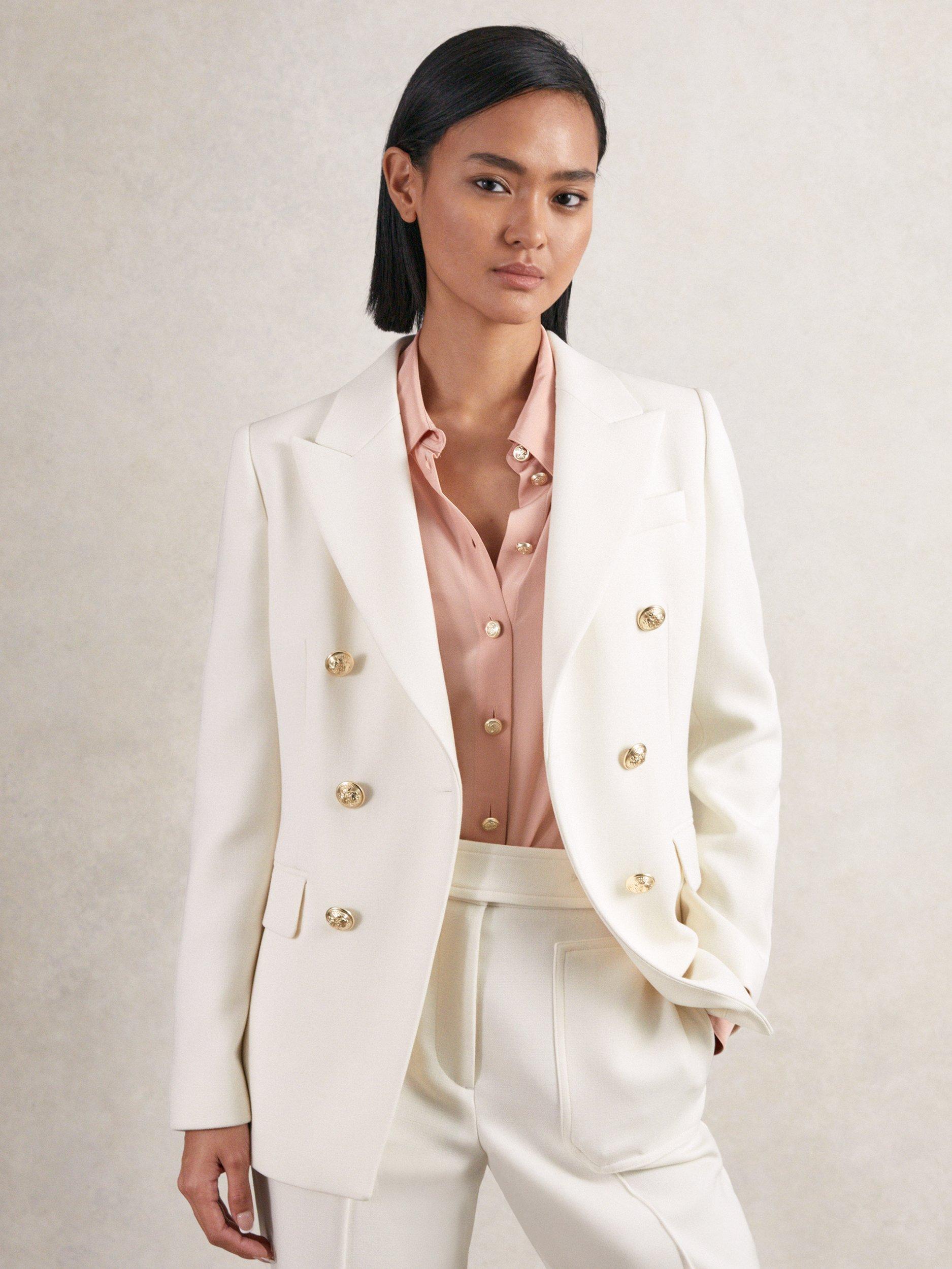 Product image 1 of 5, which shows Reiss Lily Double Breasted Wool Blend Blazer, White, 6