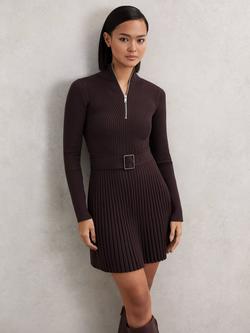Reiss Vienna Zip Knit Flippy Dress, Plum Purple