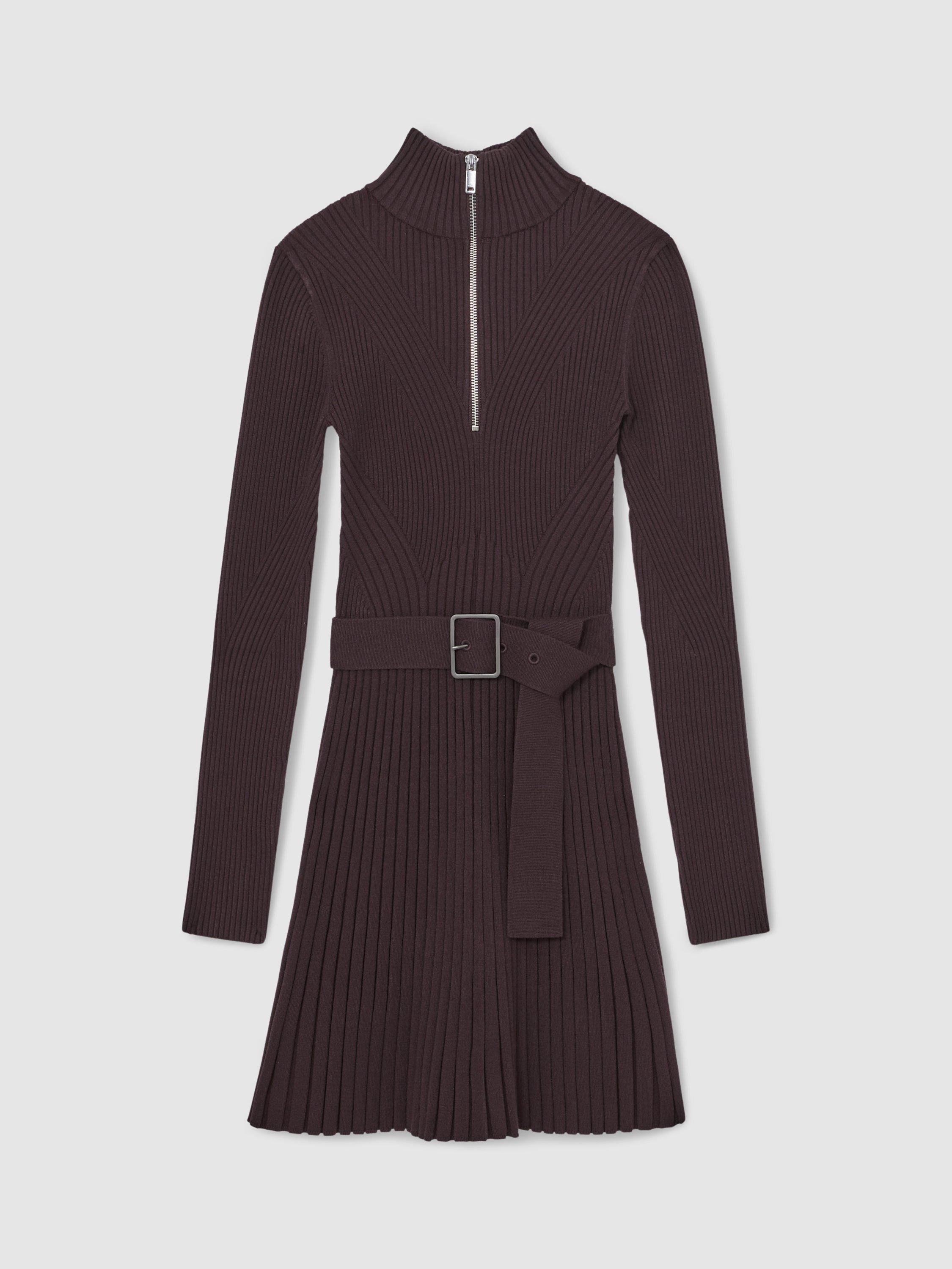 Product image 3 of 5, which shows Reiss Vienna Zip Knit Flippy Dress, Plum Purple, XS