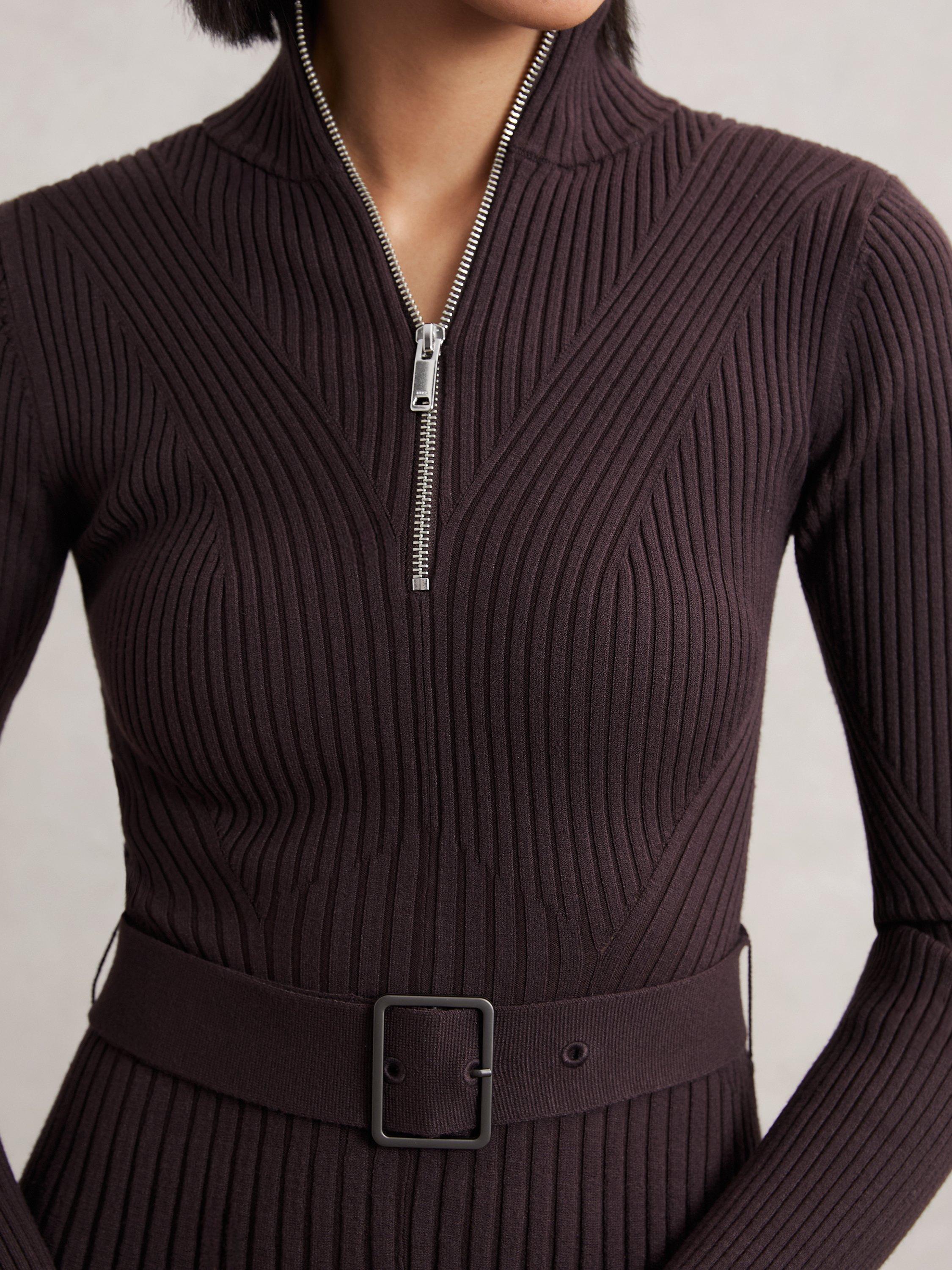 Product image 4 of 5, which shows Reiss Vienna Zip Knit Flippy Dress, Plum Purple, XS