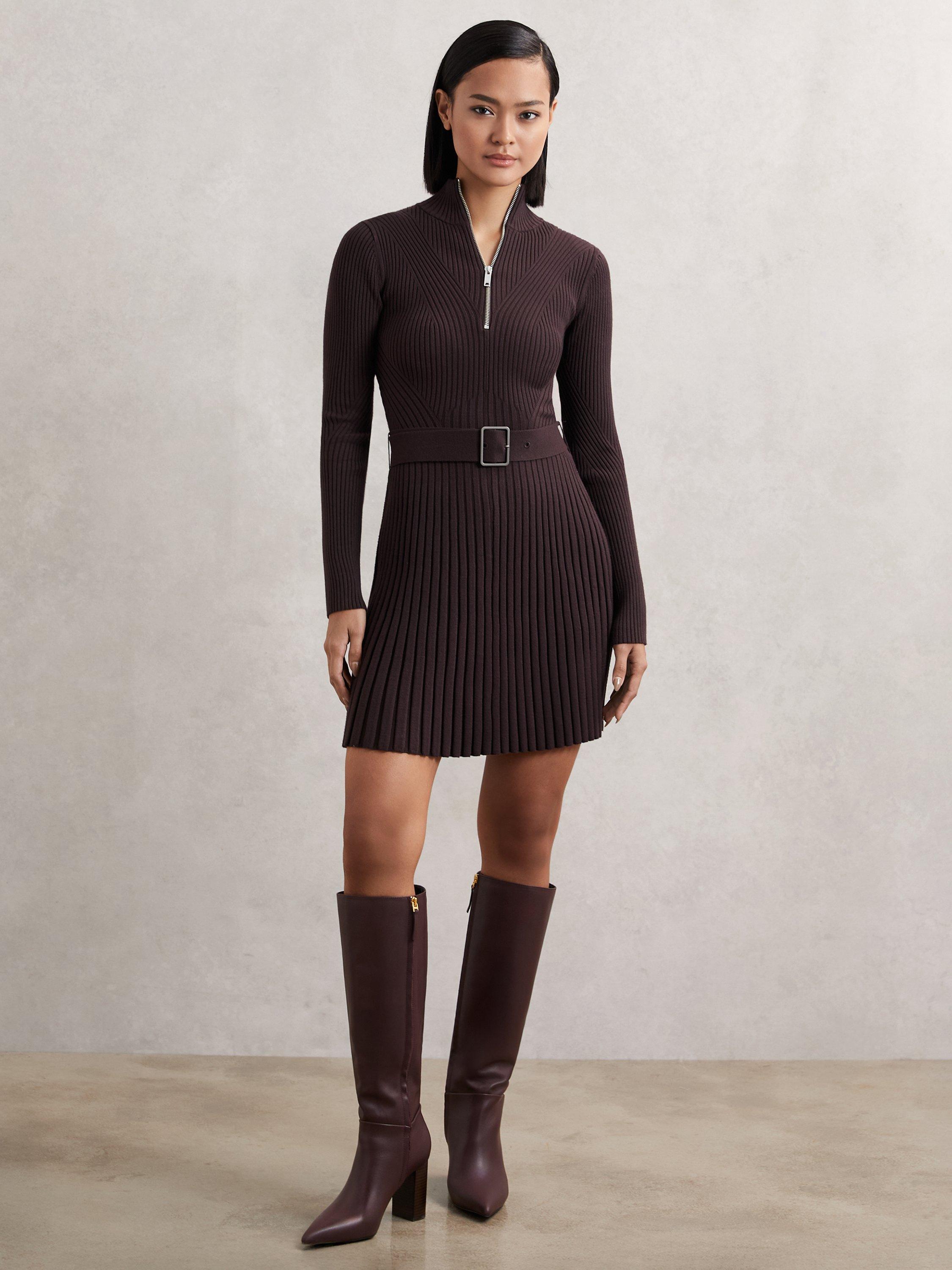Product image 5 of 5, which shows Reiss Vienna Zip Knit Flippy Dress, Plum Purple, XS
