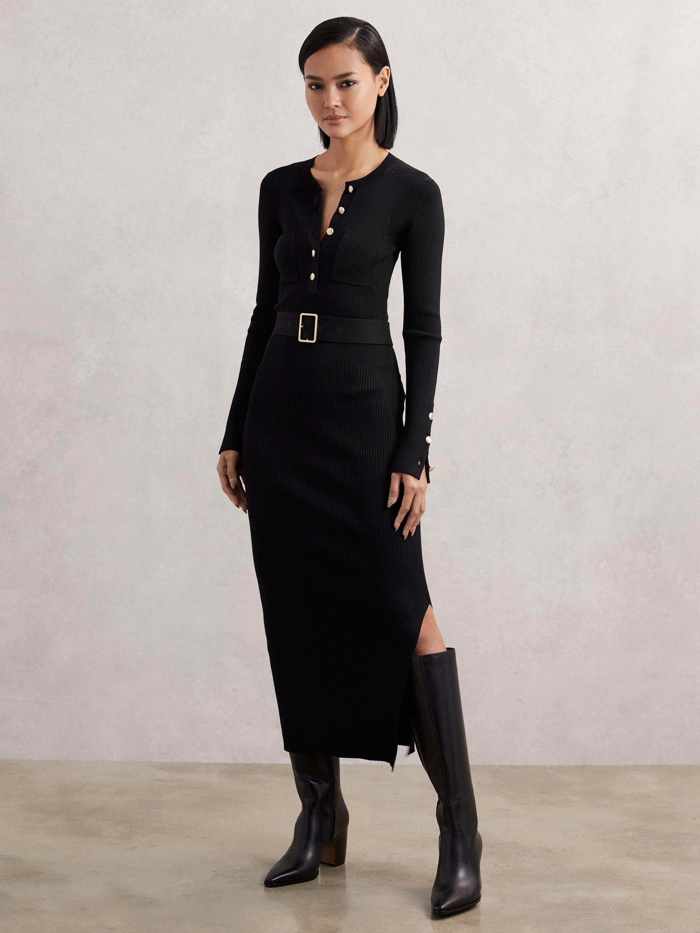 Product image 1 of 5, which shows Reiss Willow Button Knitted Midi Dress, Black, M
