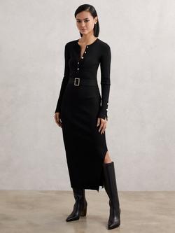 Reiss Willow Button Knitted Midi Dress, Black, Black
