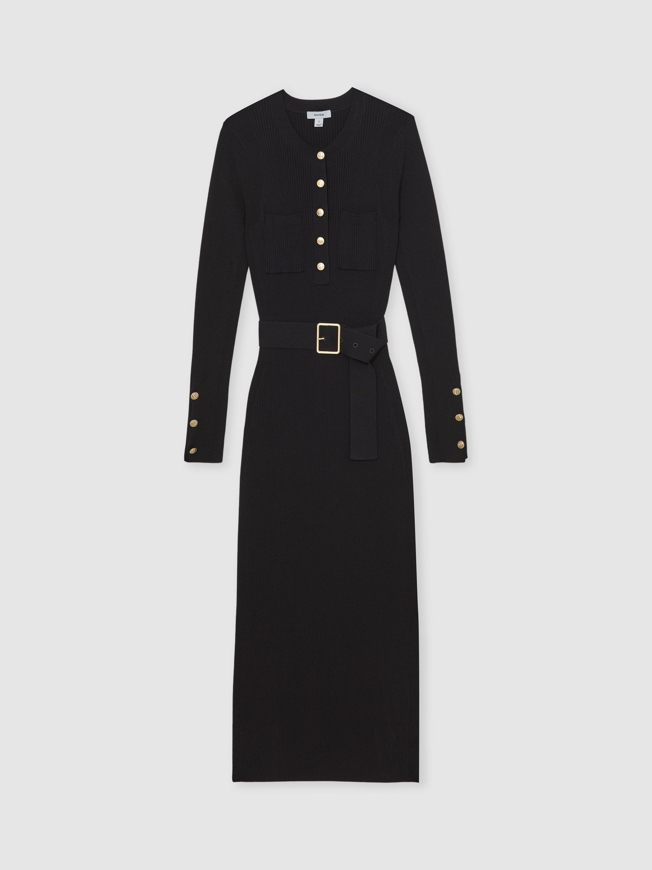 Product image 3 of 5, which shows Reiss Willow Button Knitted Midi Dress, Black, M