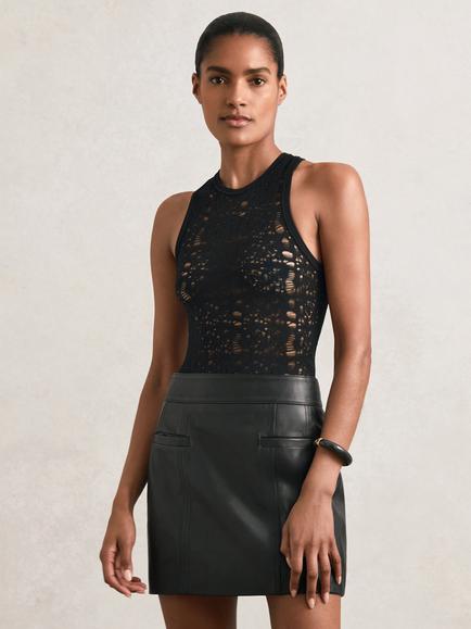 Reiss Seema Welt Pocket Pure Leather Mini Skirt, Black, Black