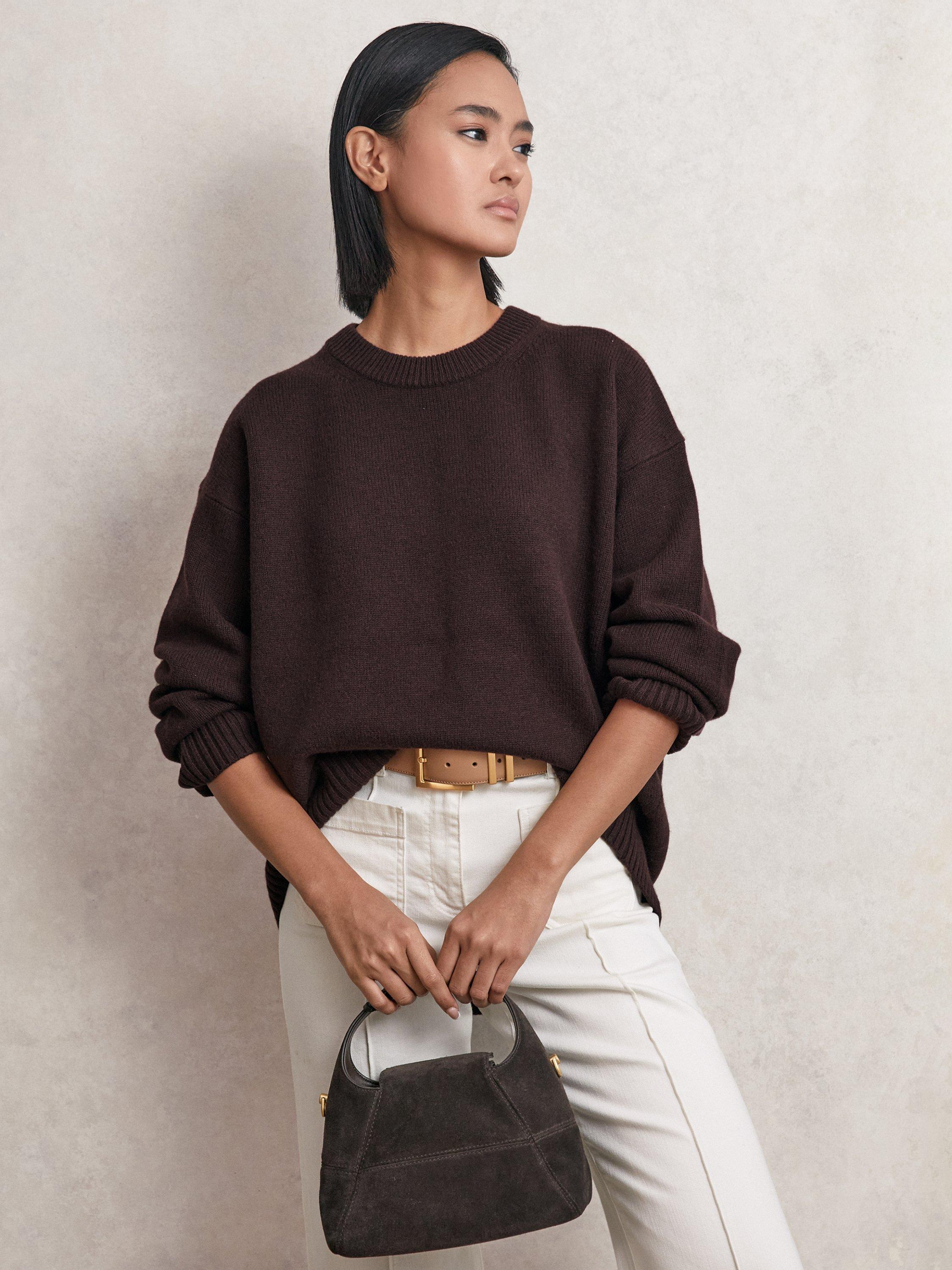 Product image 1 of 5, which shows Reiss Ella Crew Neck Wool Rich Jumper, Plum, XS