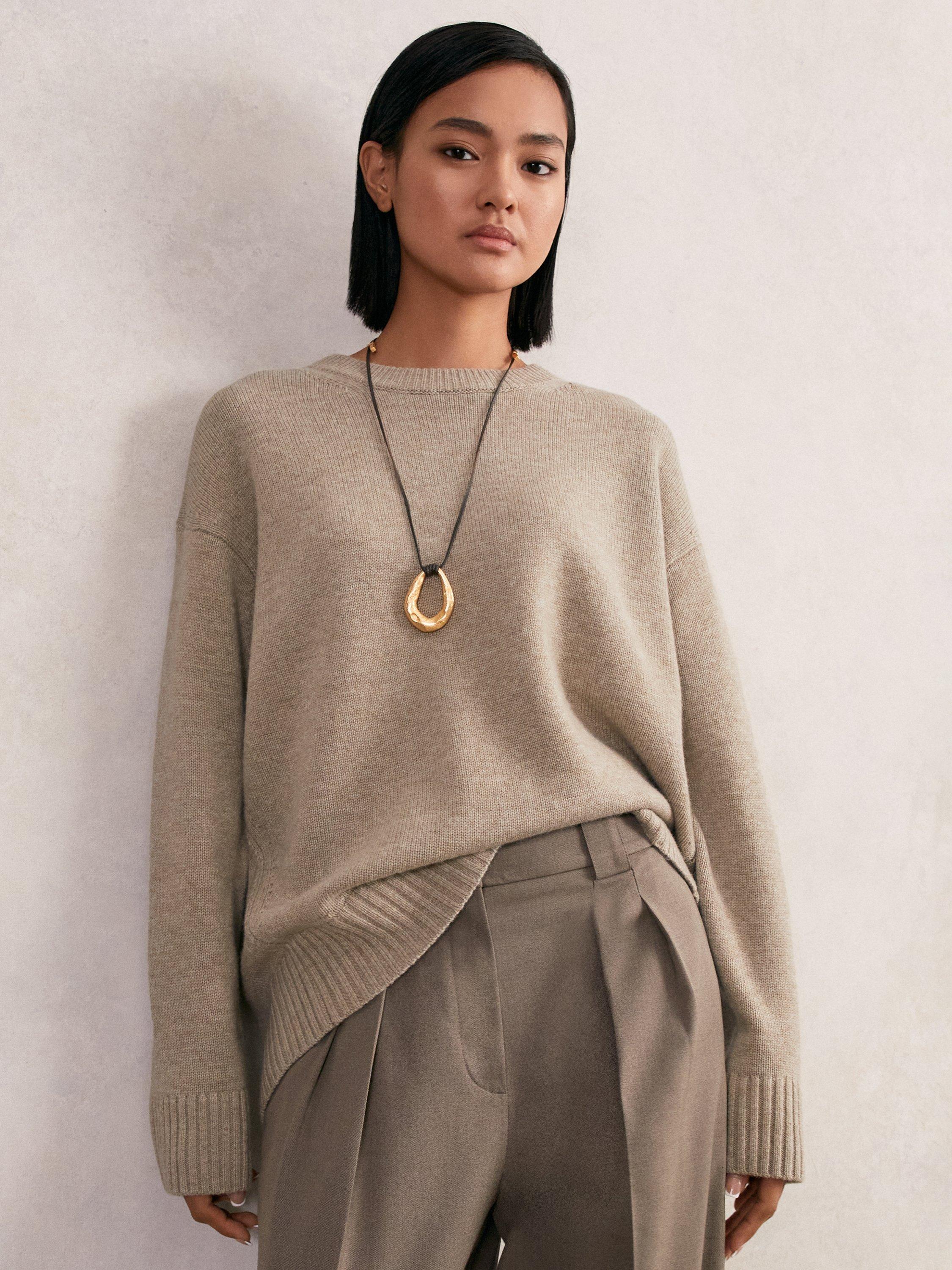 Product image 1 of 5, which shows Reiss Ella Crew Neck Wool Rich Jumper, Stone, XS