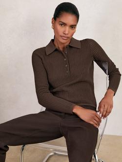 Reiss India Long Sleeve Stitch Polo Shirt, Chocolate Brown