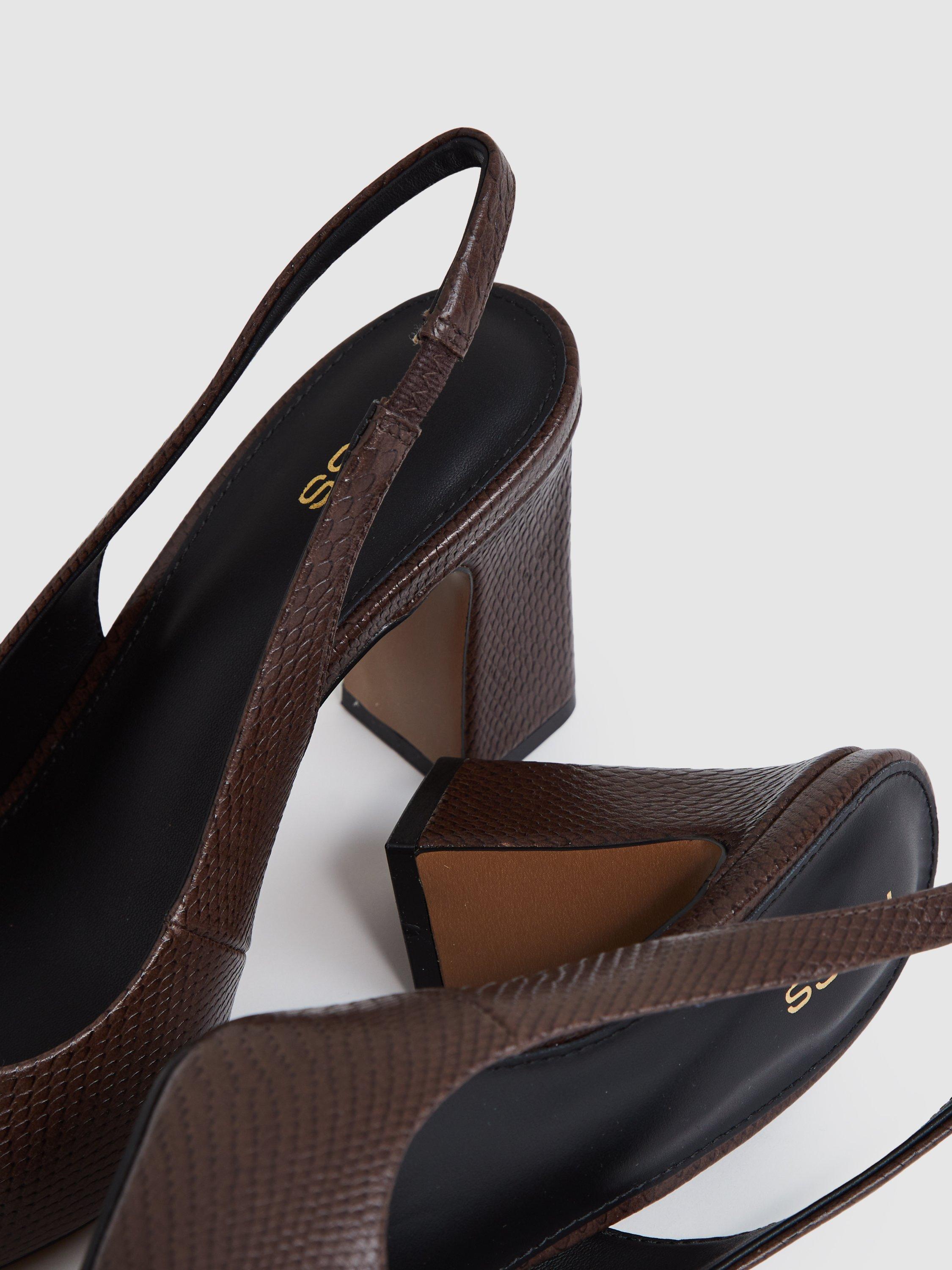Product image 2 of 5, which shows Reiss Lorena Slingback Leather Court Shoes, Chocolate, 3