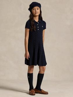 Ralph Lauren Kids' Cable Knit Cotton Polo Jumper Dress, Navy/Cream