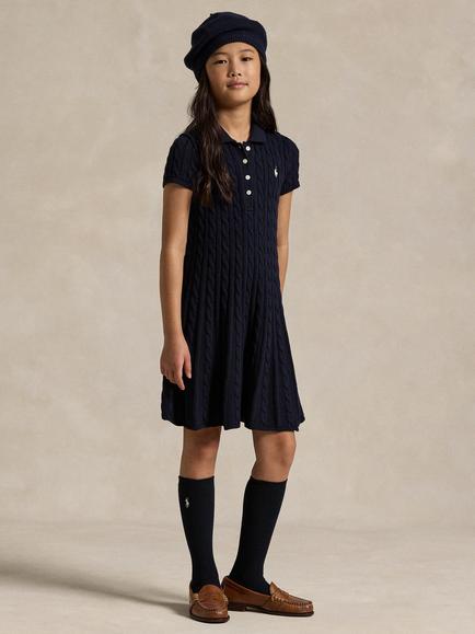 Ralph Lauren Kids' Cable Knit Cotton Polo Jumper Dress, Navy/Cream