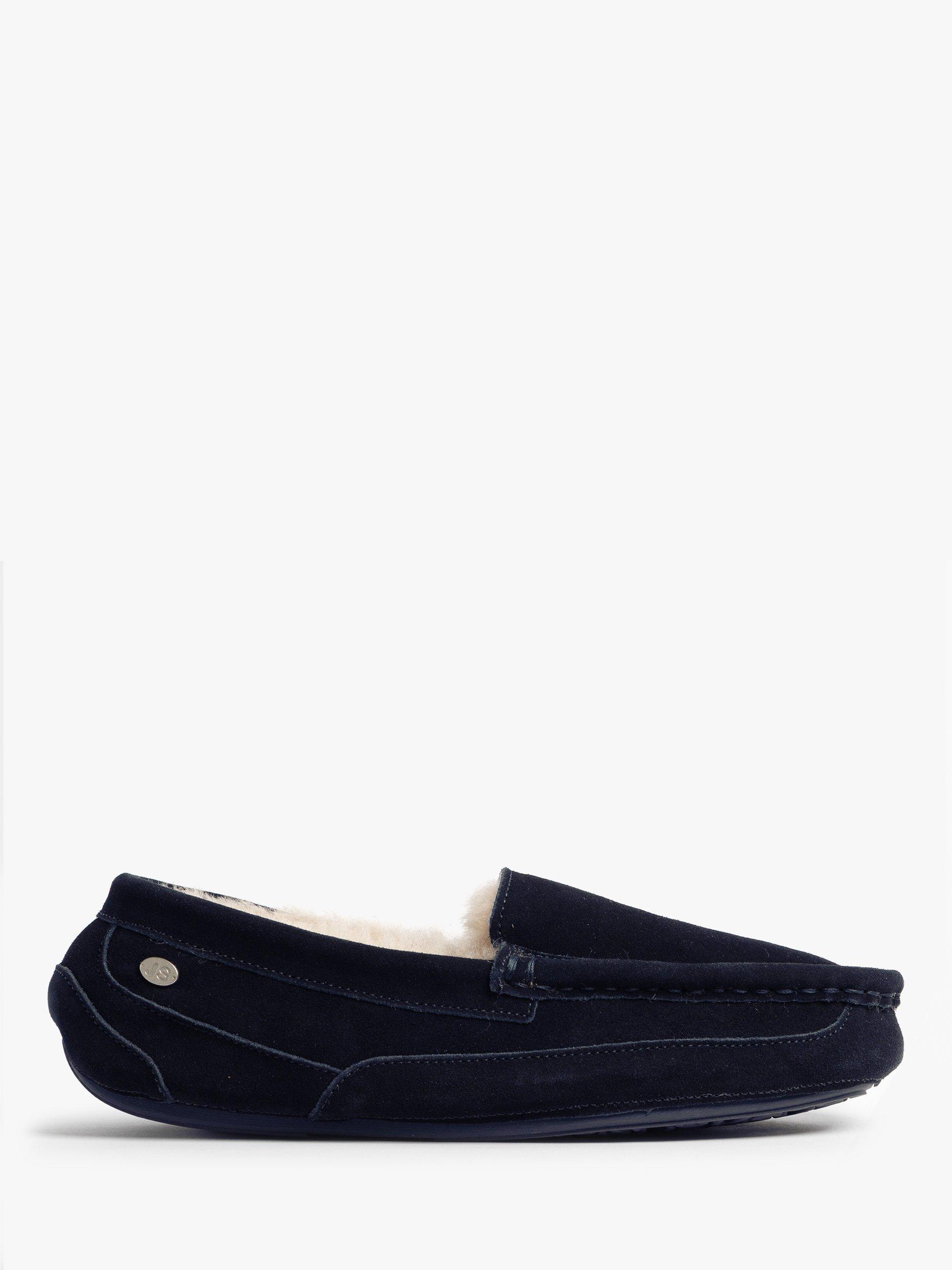 Product image 1 of 8, which shows Just Sheepskin Harry Suede Moccasin Slippers, Navy, 10