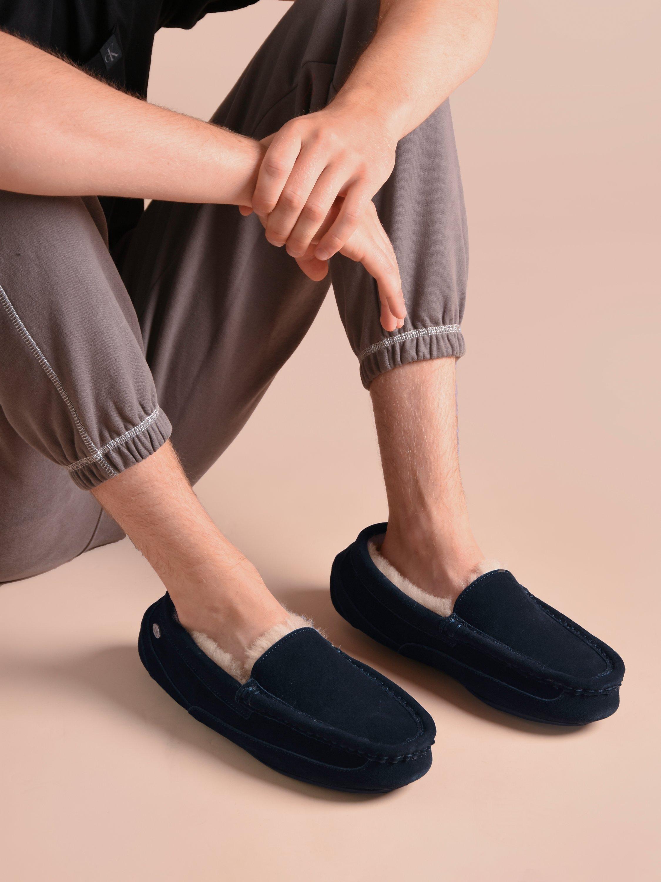 Product image 2 of 8, which shows Just Sheepskin Harry Suede Moccasin Slippers, Navy, 10