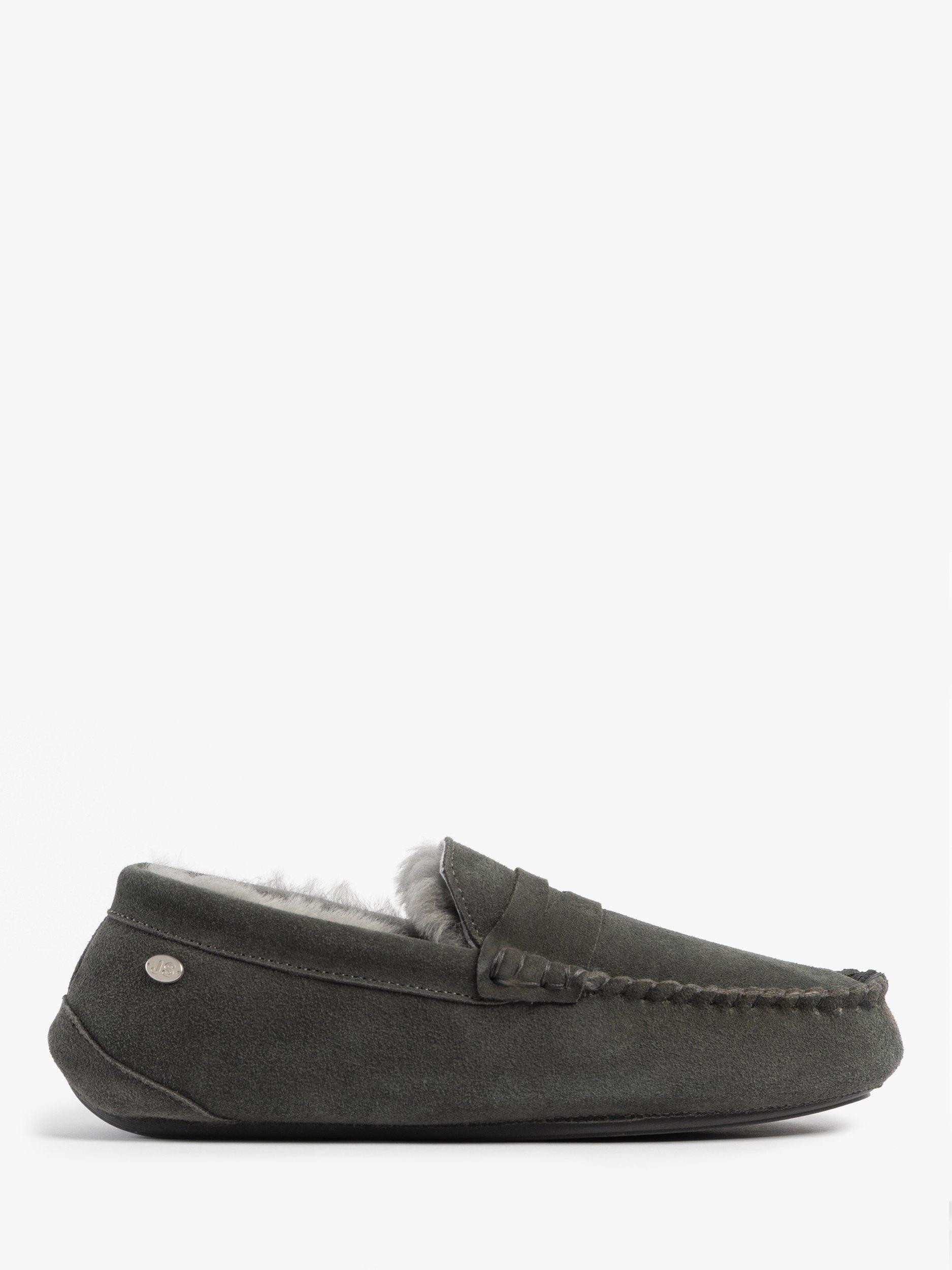 Product image 1 of 8, which shows Just Sheepskin Quentin Suede Moccasin Slippers, Granite, 10
