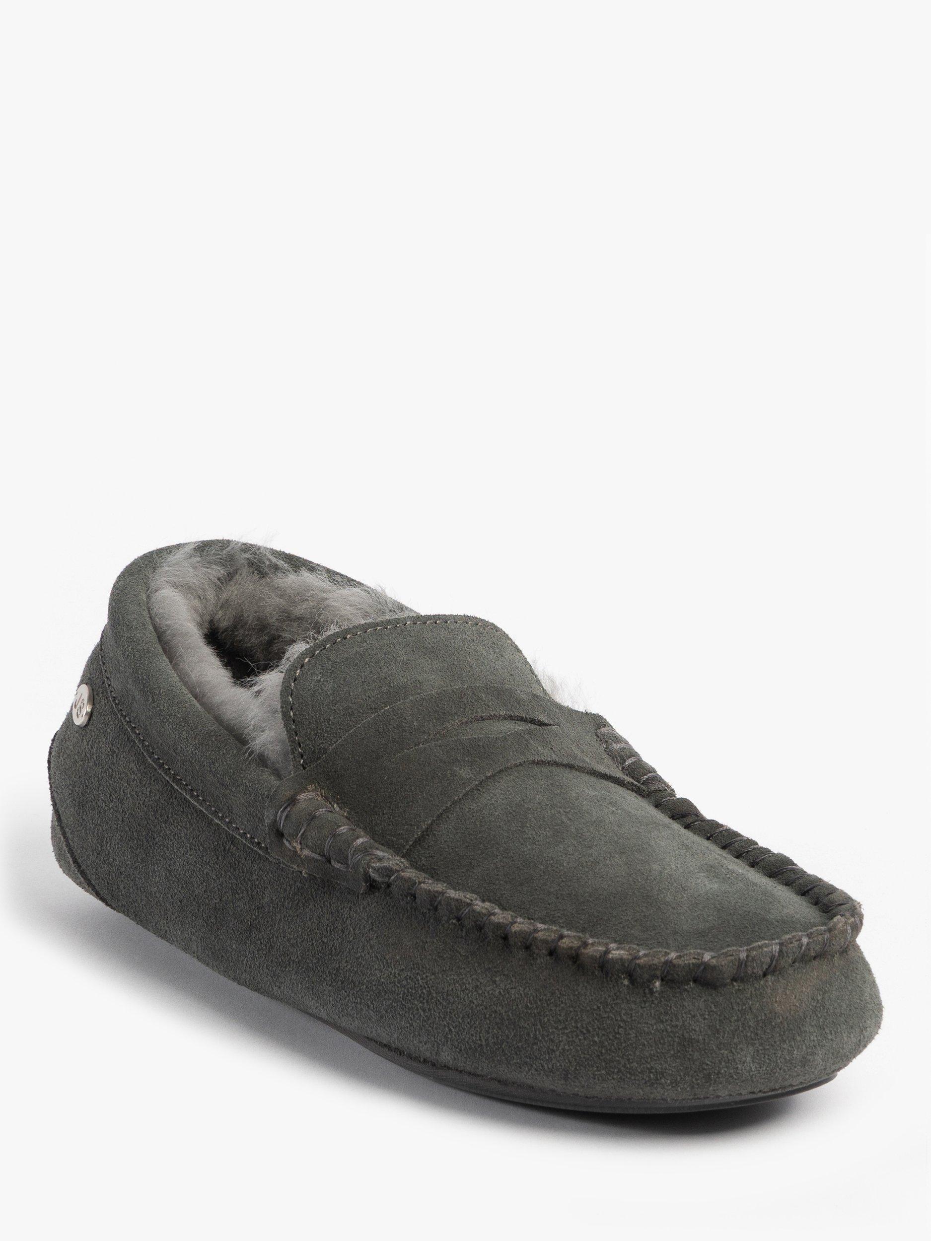 Product image 4 of 8, which shows Just Sheepskin Quentin Suede Moccasin Slippers, Granite, 10