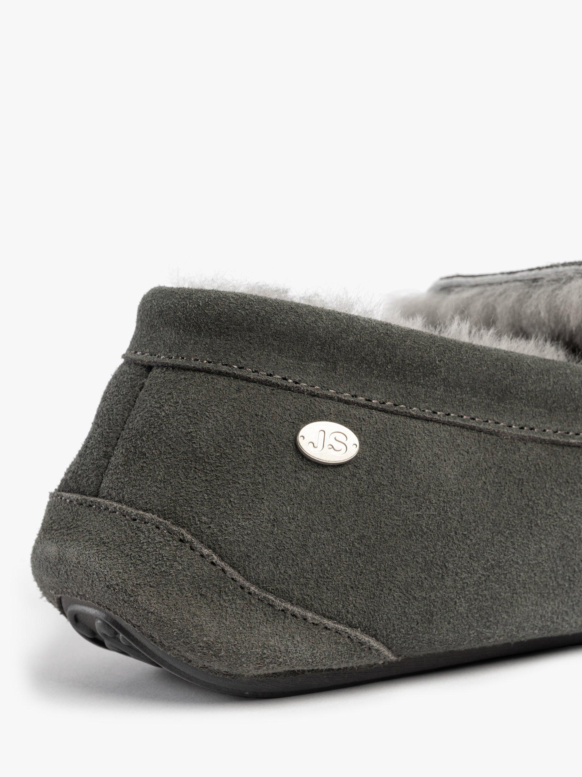 Product image 8 of 8, which shows Just Sheepskin Quentin Suede Moccasin Slippers, Granite, 10