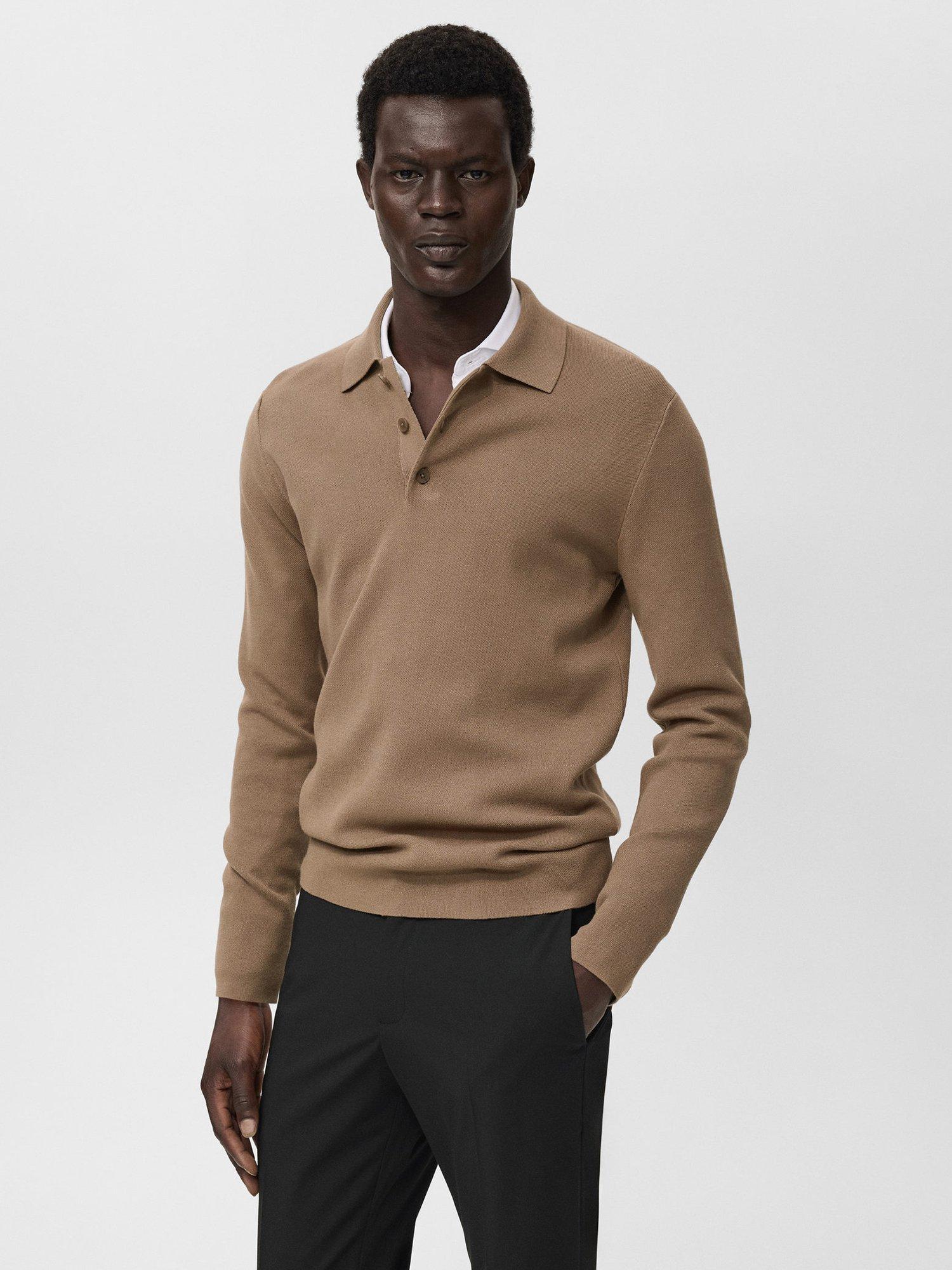 Product image 1 of 8, which shows Mango Luxus Long Sleeve Polo Shirt, Medium Brown, M
