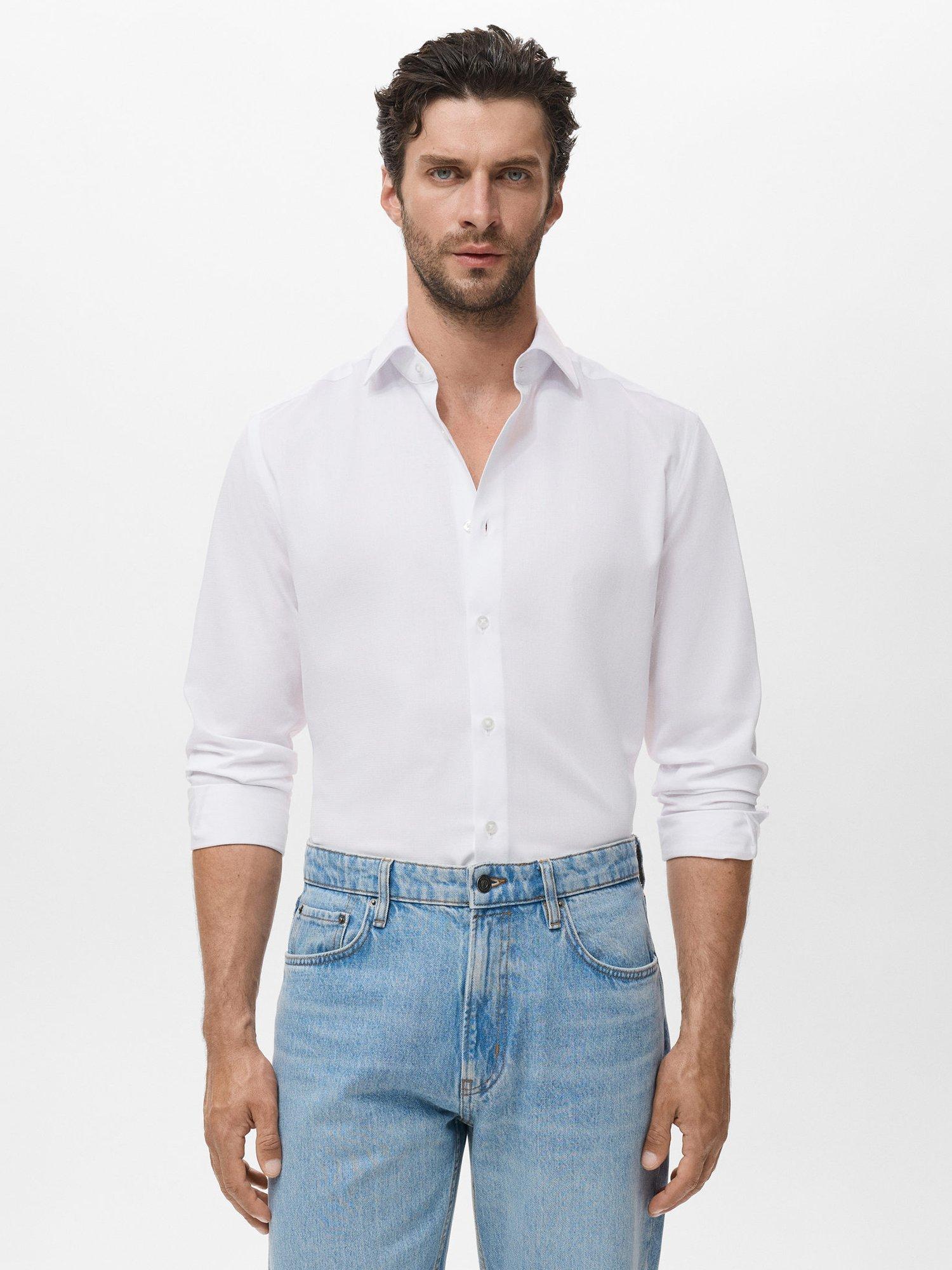 Product image 1 of 9, which shows Mango Giro Cotton Blend Long Sleeve Collar Shirt, White, L