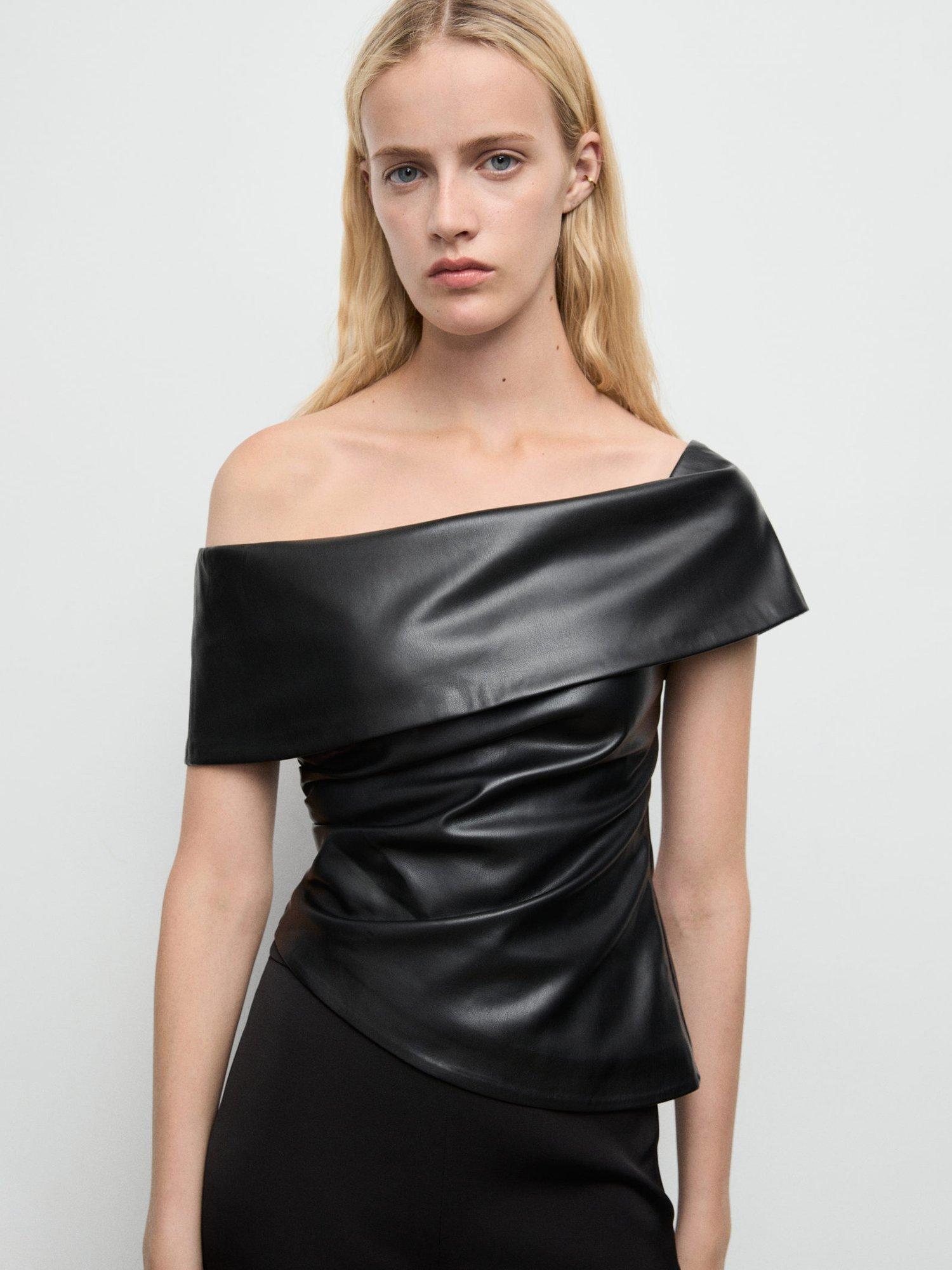 Product image 1 of 7, which shows Mango Robbie Asymmetric Faux Leather Top, Black, S