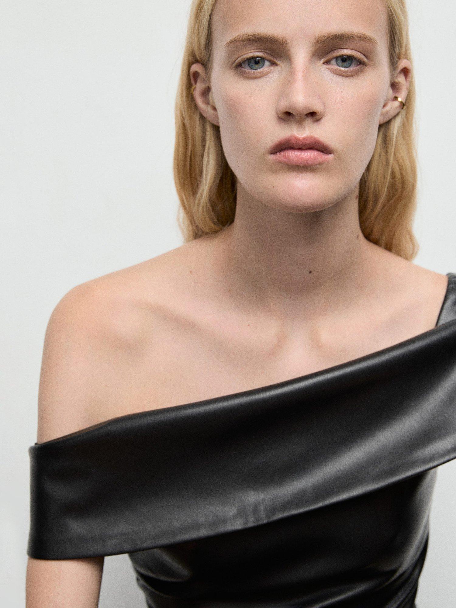 Product image 6 of 7, which shows Mango Robbie Asymmetric Faux Leather Top, Black, S