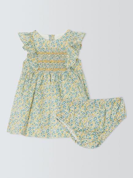 John Lewis Heirloom Collection Baby Ditsy Print Hand Smocked Dress, Blue Ditsy, Blue Ditsy