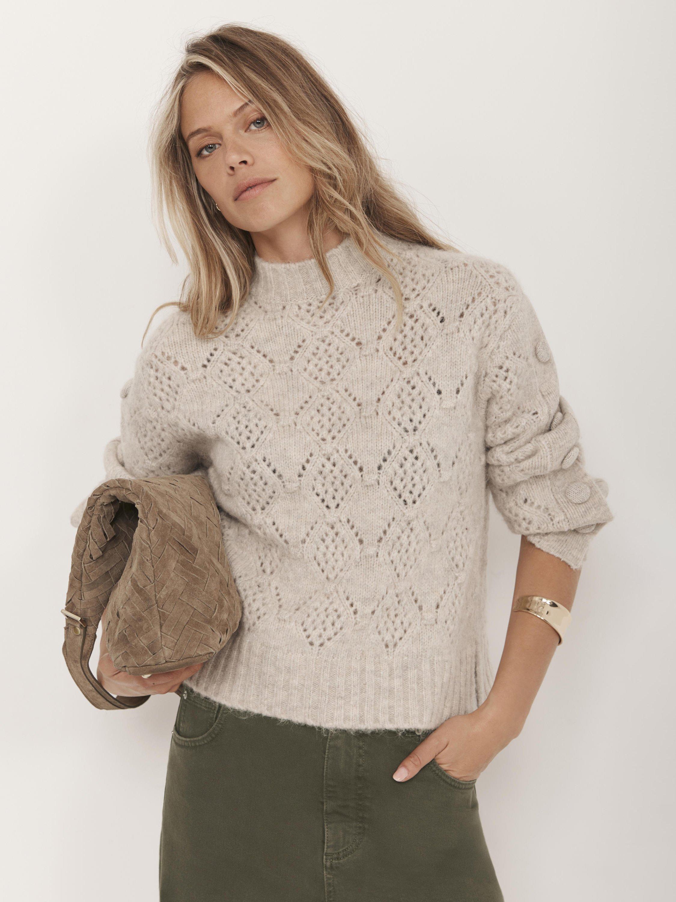 Product image 1 of 8, which shows Mint Velvet Button Trim Cable Knit Wool Blend Jumper, Natural, XS