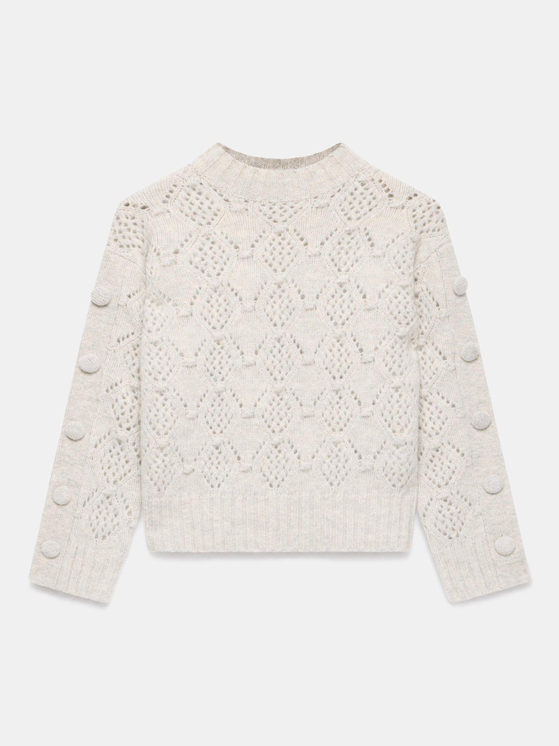 Product image 7 of 8, which shows Mint Velvet Button Trim Cable Knit Wool Blend Jumper, Natural, XS