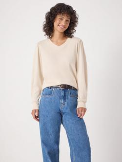 HUSH Emily Cotton Puff Sleeve V Neck Jersey Top, Almond