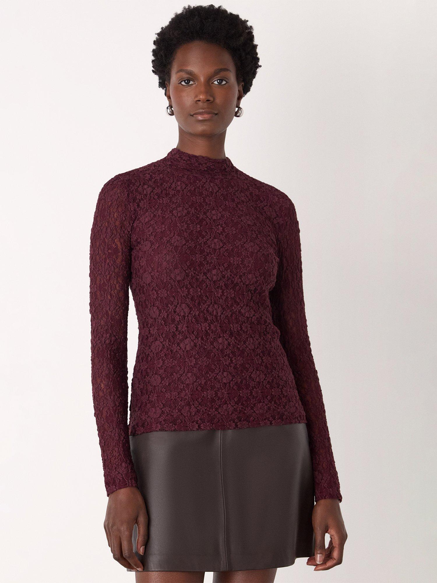 Whistles Lace Detail High Neck Top, Burgundy