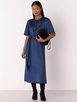 Whistles Petite Satin Twist Waist Midi Dress, Blue, Blue