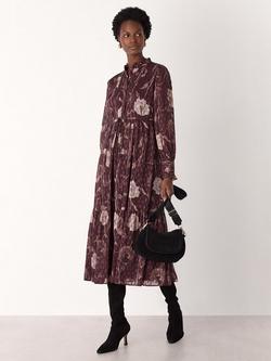 Whistles Floral Midi Shirt Dress, Burgundy/Multi - view 2, Burgundy/Multi