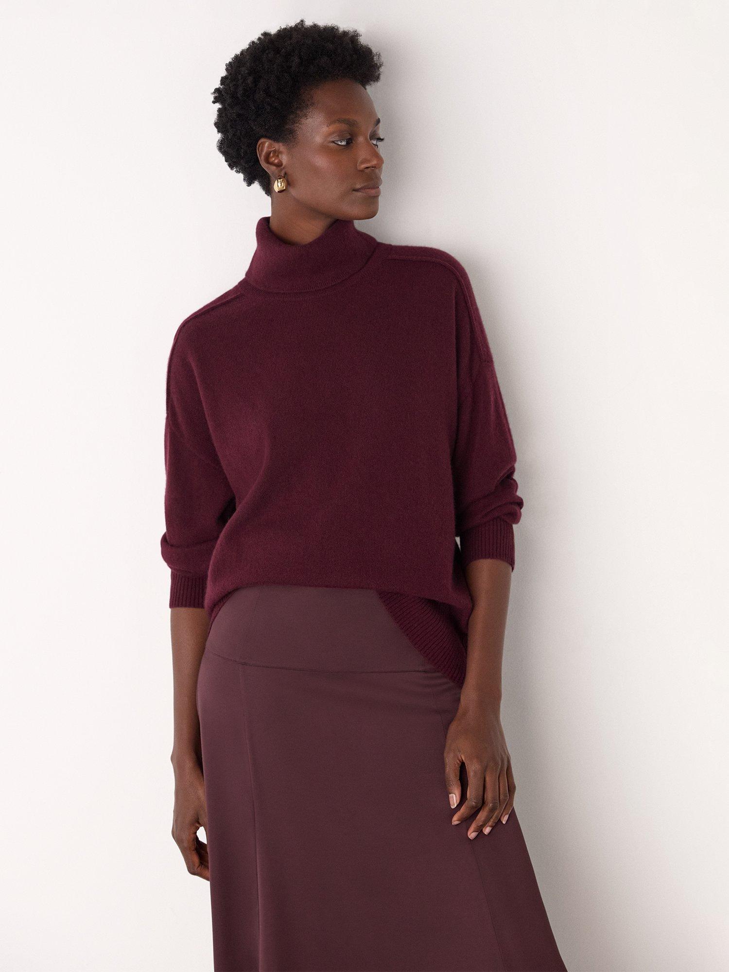 Product image 1 of 5, which shows Whistles Seam Roll Neck Pure Cashmere Jumper, Burgundy, XS
