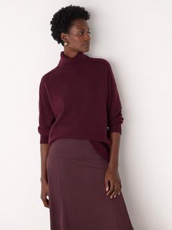 Whistles Seam Roll Neck Pure Cashmere Jumper, Burgundy