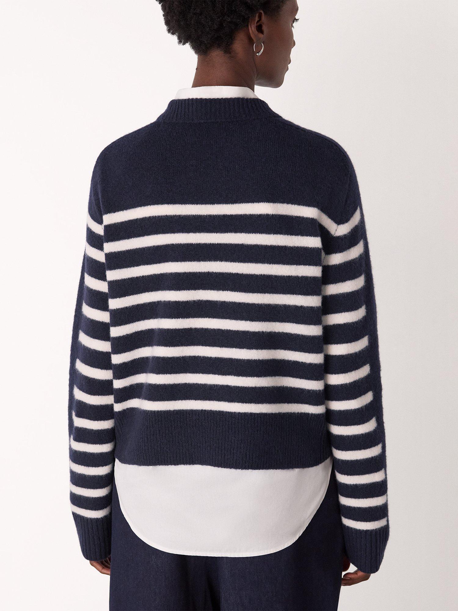 Product image 2 of 5, which shows Whistles Contrast Stripe Wool Blend Jumper, Navy/Multi, M