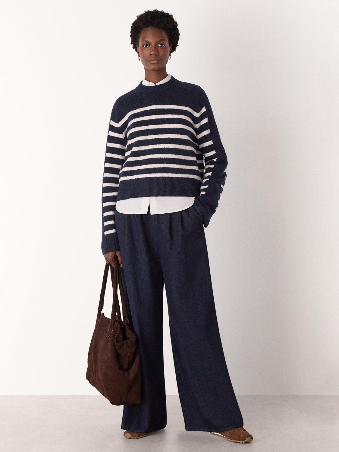 Product image 3 of 5, which shows Whistles Contrast Stripe Wool Blend Jumper, Navy/Multi, M