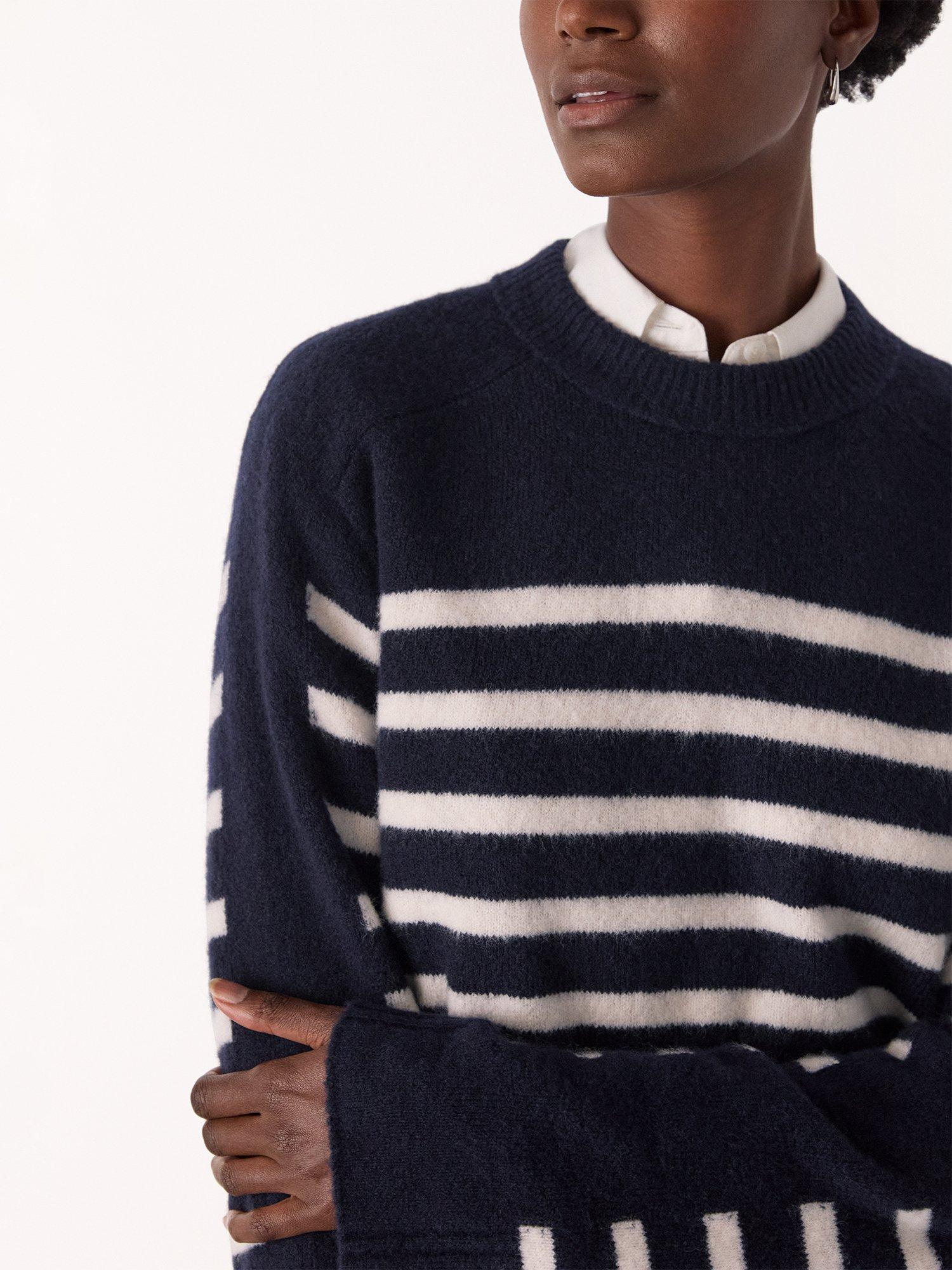 Product image 4 of 5, which shows Whistles Contrast Stripe Wool Blend Jumper, Navy/Multi, M
